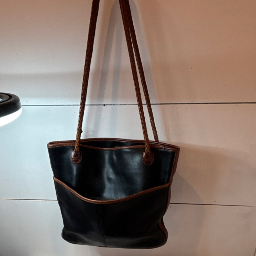 Brighton Vtg Black Brown Shoulder Bag with Heart Accents Braided Leather Strap - Picture 3 of 10